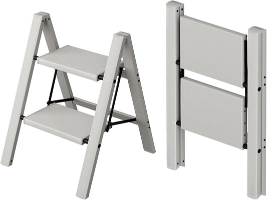 Taranta 2 Step Stool Foldable,Aluminum Step Ladder-Misty Gray | Lightweight,Wide Anti-Slip Pedals,Folding Step Stool,330lbs Capacity for Household,Kitchen,Office