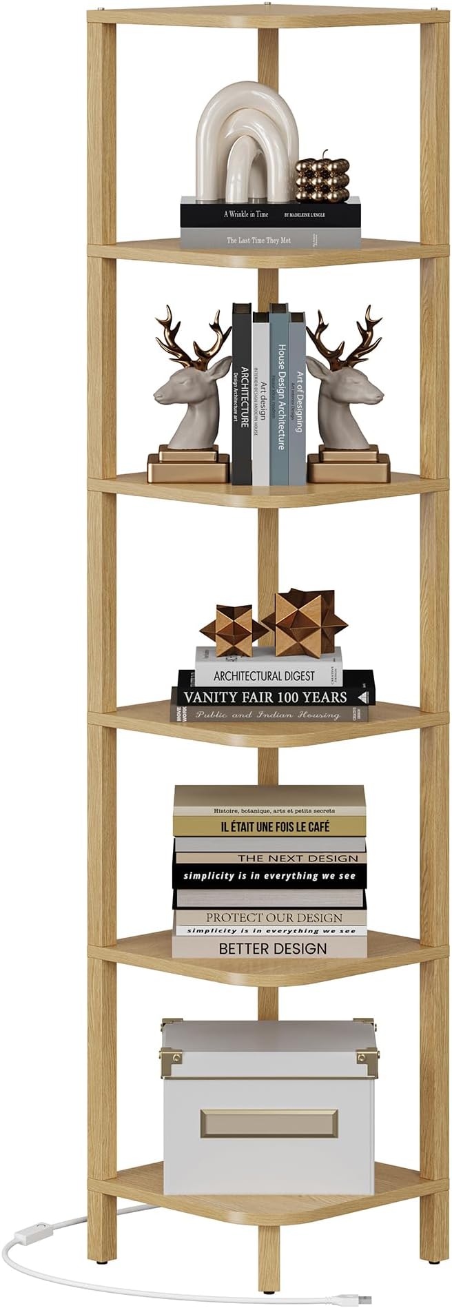 TUTOTAK Corner Shelf with LED Light, 6-Tier Corner Bookshelf | for Small Space, Narrow Display Corner Shelf Stand with Storage Rack, for Living Room, Bedroom, Natural BS08BN006L