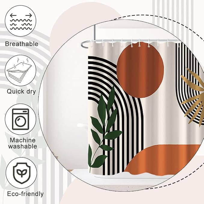 Stall Shower Curtain, Ruelvth Mid Century Boho Abstract Minimalist Sunrise Shower Curtain Set Orange Waterproof Polyester Morden Abstract Leaves and Arch Fabric Bathroom Curtain with Hooks, 36x72 Inch | Waterproof Small Narrow Abstract Sun Leaves and A...