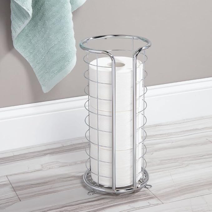 mDesign Metal Free Standing Toilet Paper Organizer Stand - 3 Rolls of Jumbo Toilet Tissue Storage - Bathroom Decor Accessory for Under Sink, Vanity, and Inside Cabinet Shelf - Omni Collection, Chrome
