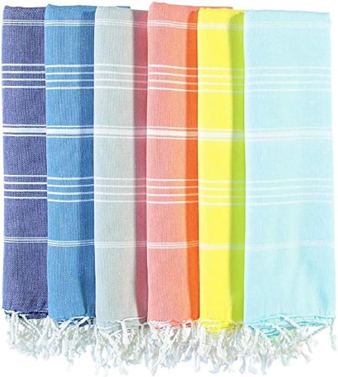 Turkish Beach Towel Set of 6 Oversized 72x40 100% Turkish Cotton | Soft Hammam Peshtemal, Sand Free, Quick-Dry, Absorbent Bath Towel | Lightweight & Compact for Travel, Pool, Gym, Spa