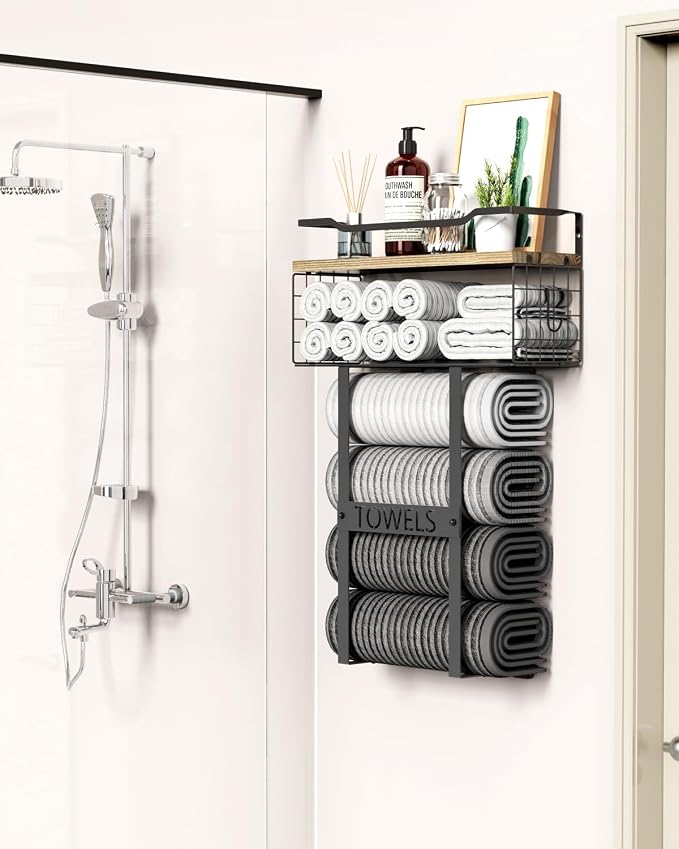 Towel Racks for Bathroom Wall Mounted - Bath Wall Towel Holder Set Above Toilet Storage, Rolled Towel Shelf Organizer for Small Bathroom, Wood Vertical Towel Rack for Bathroom Wall Decor | Towel Storage with Wood Shelf & Metal Basket,Fit for Small Bath...