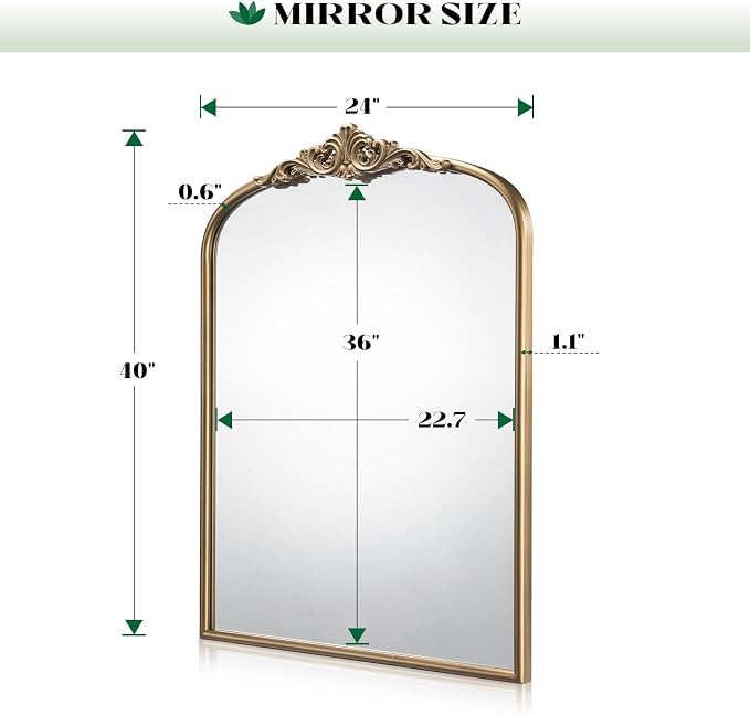 Antique Gold Arched Mirror, 24"x40" Bathroom Arched Wall Mirror | Vintage Gold Mirrors Over Sink, Ornate Arch Bronze Mirrors for Fireplace, Living Room, Entryway, Vanity, Hanging or Leaning