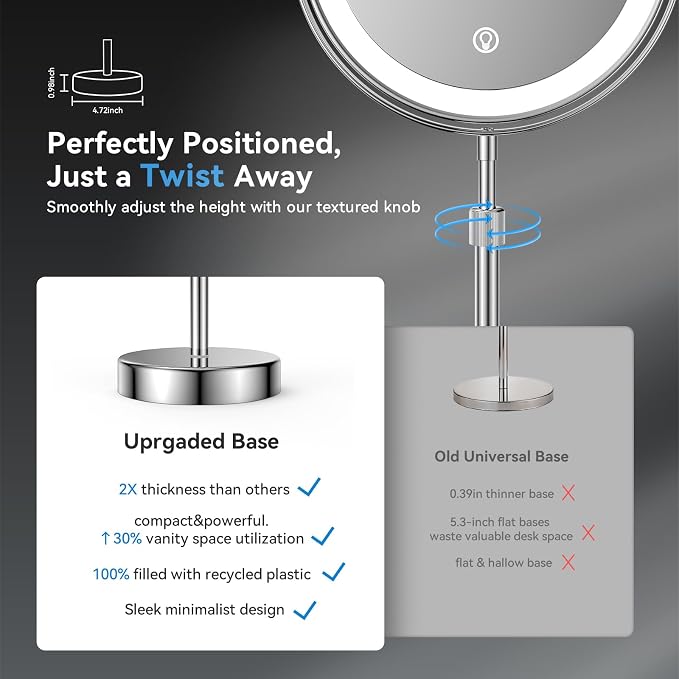 Nicesail LED Lighted Makeup Mirror Tabletop, 10X Magnifying Mirror with 3 Color Lights, Brightness Adjustable Height, Light up for Desk Make up Vanity Table, Double Sided Chrome Finish (8 Inch, 10X)