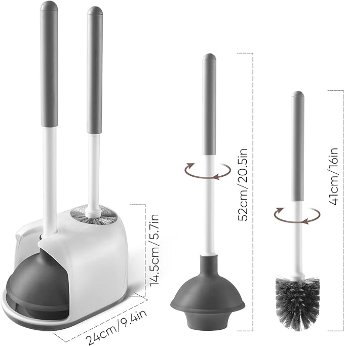 Eyliden Toilet Plunger and Brush Set, 2-in-1 Compact Holder, White | Unclogs Toilets, Deep Cleans Bowls, Nylon Bristles, Rubber Cup, Durable Plastic Caddy, Space-Saver, Bathroom Cleaning Tools