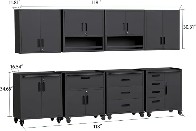 Garage Storage Cabinet System,Wall Cabinet & Locking Rolling Tool Cabinet with Doors and Adjustable Shelves