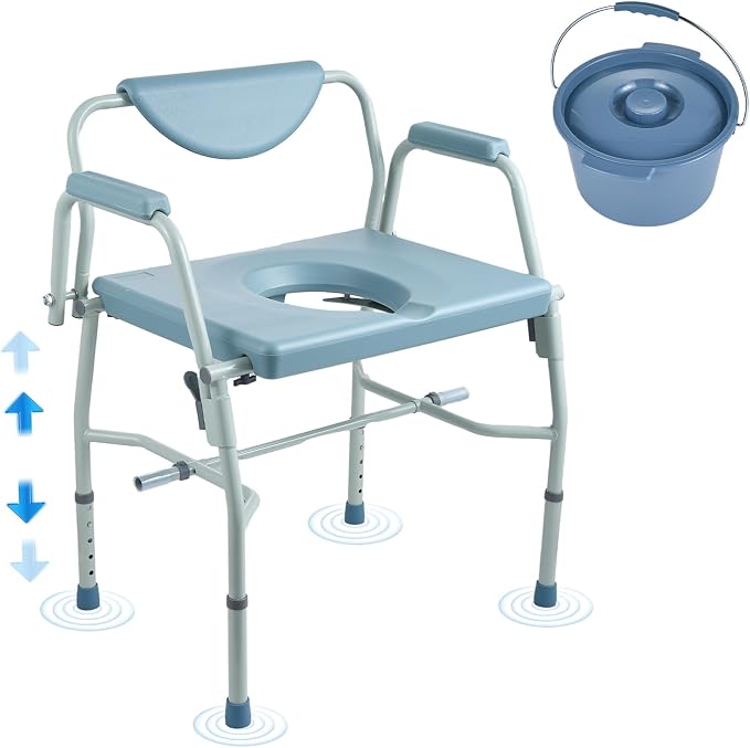 VEVOR Raised Toilet Seat, Adjustable Height with 5 Levels, Drop-Arm Design, Detachable Backrest, 7L Easy-Clean Bucket, Quick Assembly, Support up to 1000lbs, Ideal Bedside Commode for Elderly & Adults