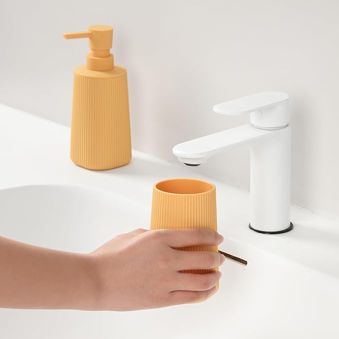 YAUKPH Bathroom Soap Dispenser and Toothbrush Holder Striped Yellow | Bathroom Accessories Set 2 Piece for Bathroom Countertop Storage and Decor