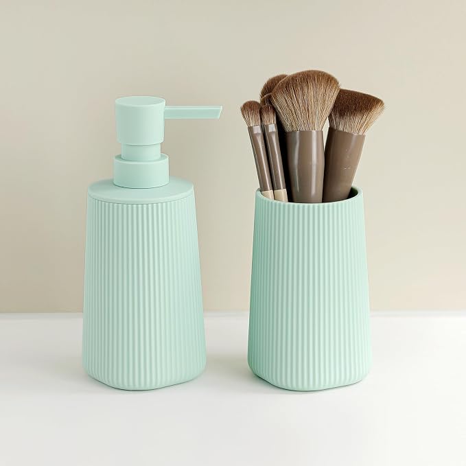 YAUKPH Bathroom Soap Dispenser and Toothbrush Holder Striped Green | Bathroom Accessories Set 2 Piece for Bathroom Countertop Storage and Decor
