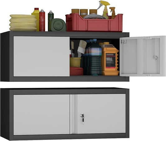 Metal Wall Cabinet with Doors,Garage Storage Cabinet Wall Mounted,Lockable Cabinets for Home Office,Garage,Warehouse,Grey-Black