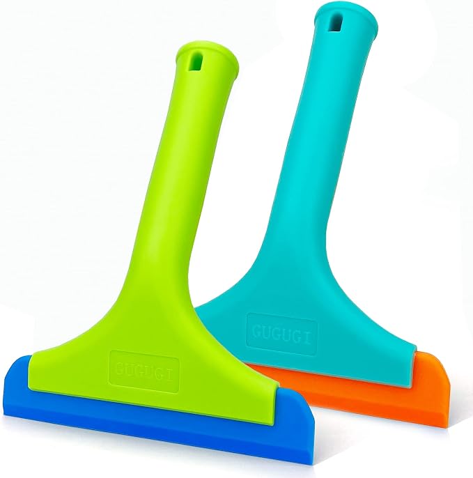 Super Flexible Silicone Squeegee, Auto Water Blade, Water Wiper, Shower Squeegee, 5.9'' Blade and 7.5'' Long Handle, for Car Windshield, Window, Mirror, Glass Door, Green+Lake Blue
