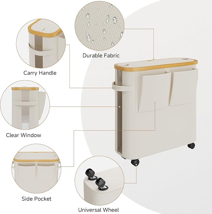 Toilet Paper Storage Basket with Lid, Bathroom Toilet Paper Holder, Beige | Bathroom Toilet Paper Organizer for 9-12 Rolls Large Capacity, Foldable Fabric Bamboo Toilet Paper Container with Pockets,