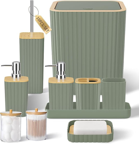 XLHOMO Bathroom Accessories Set - Elegant Sage Green Bathroom Set, 10PC Bathroom Accessory Set, Toilet Brush, Trash Can, Qtip Holder Dispenser & Soap Dispenser