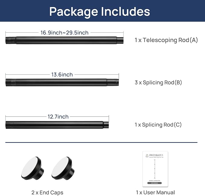 ENJOYBASICS 1" Black Shower Curtain Rod, 30-76" Adjustable, Secure Tension | Easy No-Drill Installation, No Tools, No Gaps, Sturdy Rust-Resistant Steel, Sag-Resistant Design, Tubs, RVs, Apartments