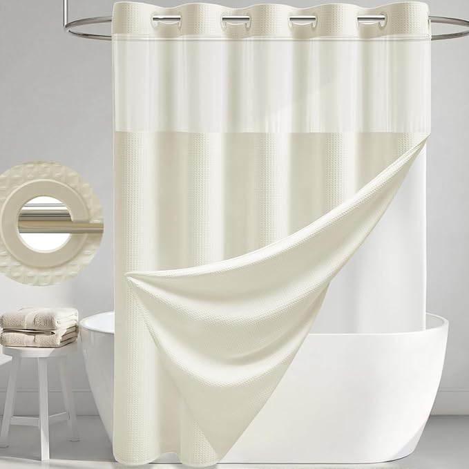 Cream Hook Free Waffle Shower Curtain & Snap-in Fabric Liner,60x75 | Less Time to install, 3 in 1 Fabric Shower Curtain and Liner Set with Magnets, Stall, Shower Curtains for Bathroom