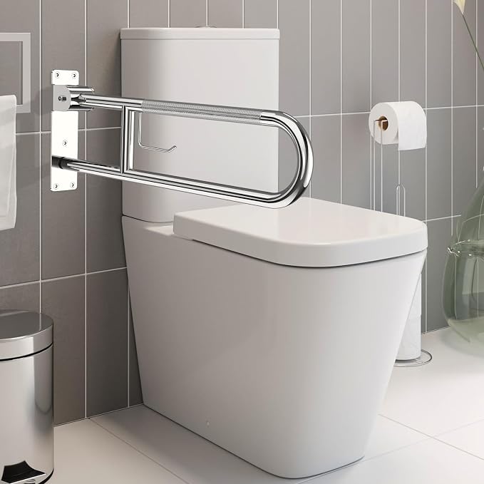Toilet Grab Bar 32 Inch, YuanDe Flip Up Grab Bar with Paper Holder | Polished Chrome Anti-Slip Safety Bars for Toilet,Stainless Steel Knurled Toilet Handles for Seniors Disabled Elderly Pregnant