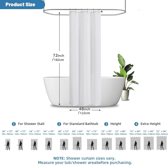 2-in-1 Waterproof Fabric Shower Curtain - No Separate Liner Needed, Hotel-Style Waffle Weave, Effortless Cleaning & Washable Bathroom Shower Curtain Set,48Wx72H,White