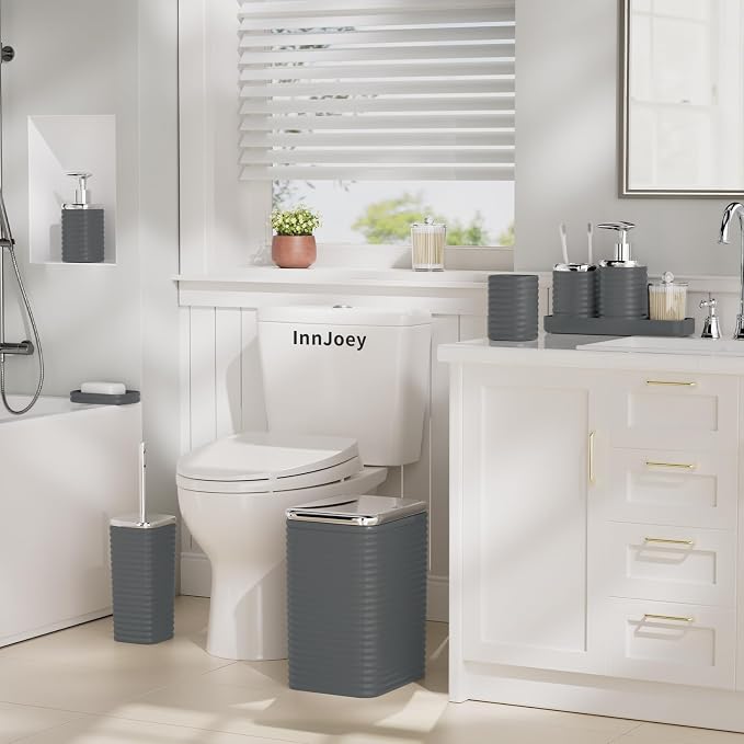 Bathroom Set - 10PC Bathroom Accessory Set, Grey Bathroom Set, Luxury Bathroom Accessories Set, Trash Can, Toilet Brush, Soap Dish, Qtip Holder & Soap Dispenser