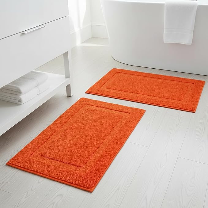 SHACOS Soft Microfiber Bathroom Rugs Set of 2 Pieces, Orange | 32x20 + 24x16, Absorbent Plush Bath Rugs, Non Slip Washable Shaggy Bath Mats, Fluffy Bathroom Runner Floor Mats Shower Rug