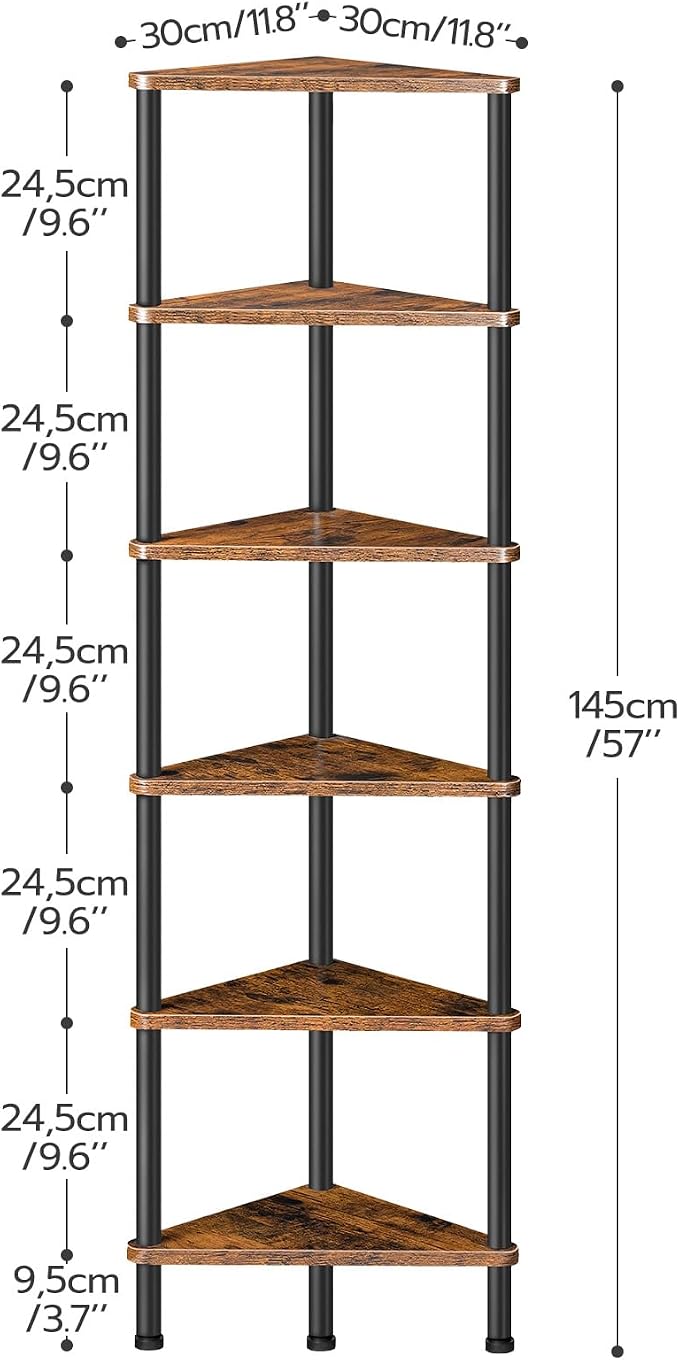 HOOBRO Corner Shelf Stand, Industrial 6-Tier Wall Corner Bookshelf with Metal Frame, Plant Display Shelf, Bookcase for Small Spaces, Bedroom, Living Room, Rustic Brown BF36CJ01