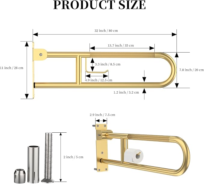 Toilet Grab Bar 32 Inch, YuanDe Flip Up Grab Bar with Paper Holder | Brushed Gold Anti-Slip Safety Bars for Toilet, Stainless Steel Knurled Toilet Handles for Seniors Disabled Elderly Pregnant