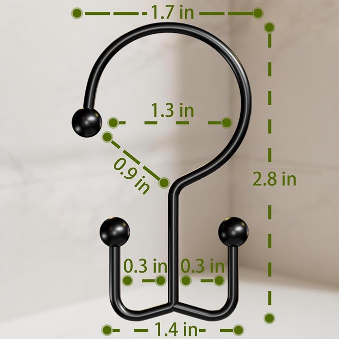 OEH 24 Pcs Shower Curtain Hooks, Metal Shower Curtain Rings, Black Shower Curtain Hooks Rust Proof, Double Shower Rings for Curtain, Easy Install Anti-Drop Shower Hooks for Shower Curtain, Black