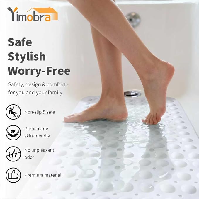 Yimobra Non Slip Bathtub Mat 40 x 16 Inch, Extra Long Shower Mat with Drain Holes, Machine Washable Baby Bath Mats, Strong Suction Cups for Bathroom Floor, White