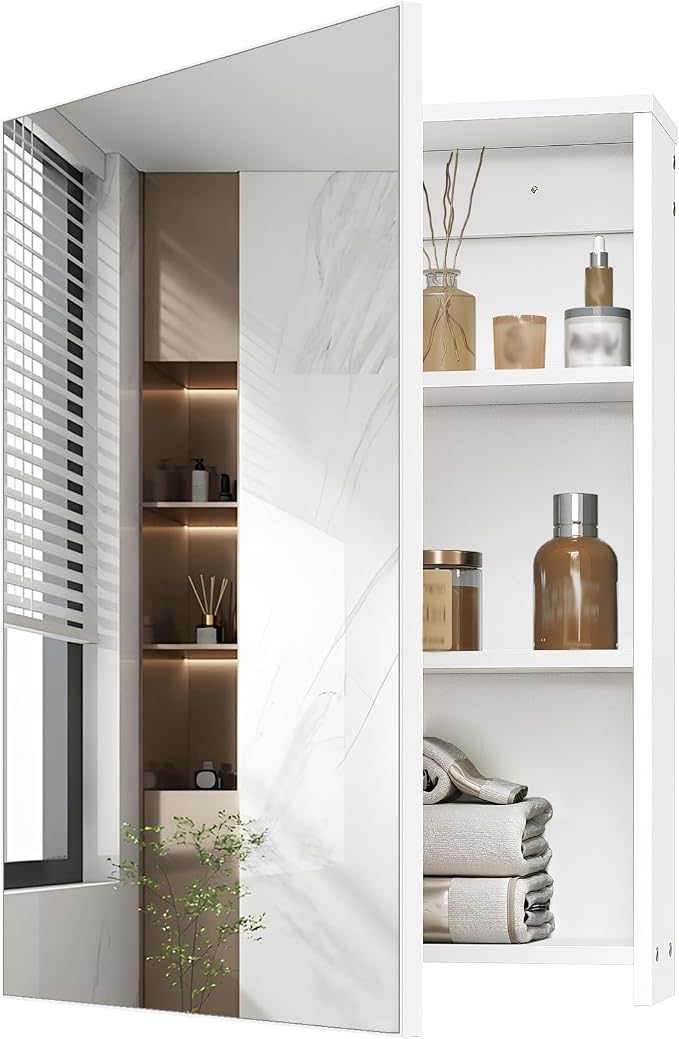 Bathroom Medicine Mirror Cabinet, 17.7'' x 23.6'', Wall-Mounted Bathroom Vanity with Mirror, Bathroom Medicine Cabinet with Storage Function, Hanging Storage Cabinet, Adjustable Shelves, White