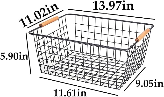 LeleCAT Large black wire baskets with Wooden Handles for storage pantry, Storage Organizer Baskets, Household Refrigerator for Cabinets, Closets, Bedrooms, kitchen - Set of 3 Black