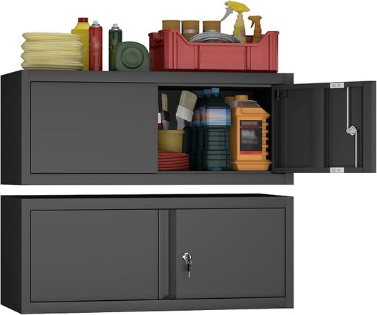 Metal Garage Wall Cabinets,13" H Garage Storage Cabinet Wall Mounted,Floating Storage Organization with Doors,Locking Hanging Cabinet for RV,Home Office,Warehouse,Black