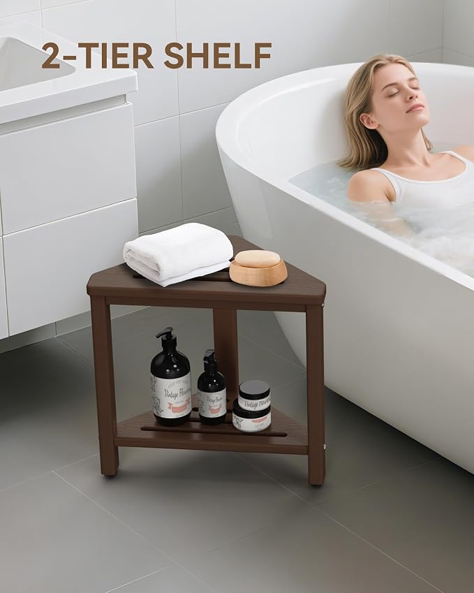 Shower Foot Rest 15in, HDPE Waterproof Shower Stool for Inside Shower, Corner Shower Stool for Shaving Legs with Storage Shelf for Small Space, Shower Step Stool, Plastic Corner Shower Bench, Brown