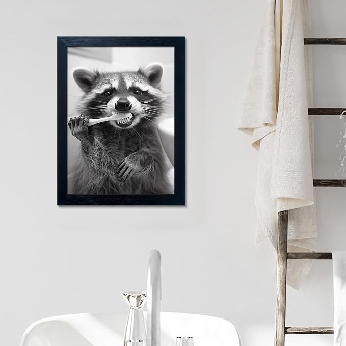 Funny Raccoon Wall Decor Animal Bathroom Wall Art Black and White Raccoon Brushing Teeth Picture Wood Framed Farmhouse Rustic Washroom Kid’s Room Decor Art