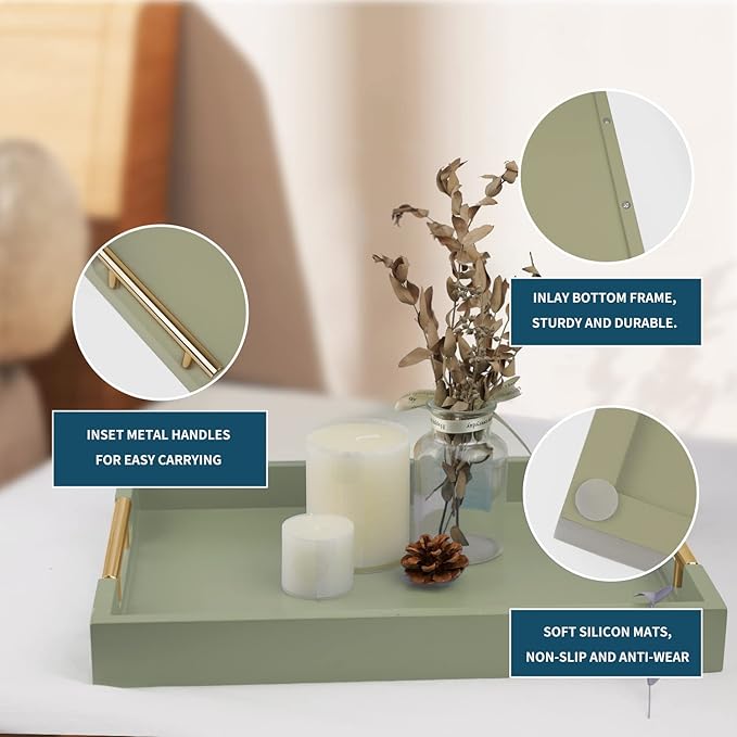 Wooden Decorative Coffee Table Tray, 16" Serving With Handles, Matte Finish, Ottoman for Living Room, Perfume, Vanity Dresser Organizer (Olive Green)