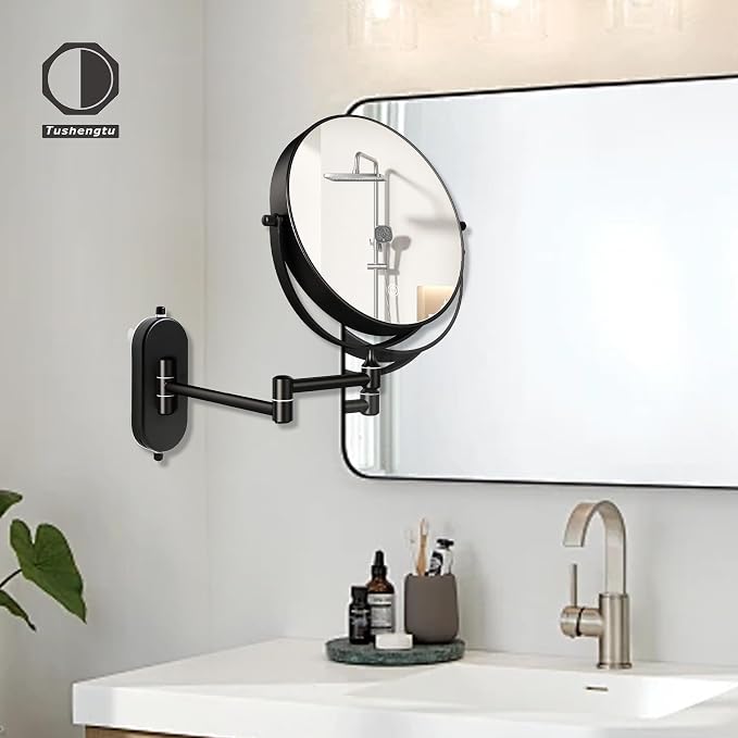 8“ Suction Cup Makeup Mirror Wall Mounted No Drilling, 1X/10X Magnifying Mirror Wall Mounted Makeup Mirror Swing Arm 360° Rotation, Wall Mount Powerful Suction Cup for Bathroom & Shaving Black