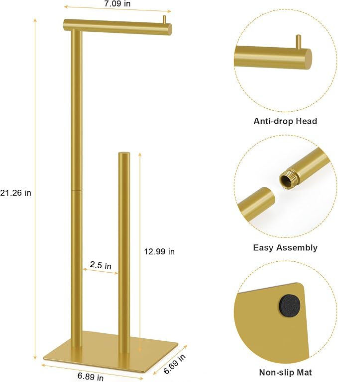 Toilet Paper Holder Stand Beige Gold Free Standing TP Holder, Metal Toilet Paper Roll Holder with Reserve Bathroom Tissue Storage Holder, Beige Gold