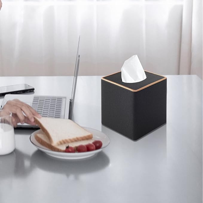 Linen Square Tissue Box Cover,Cube Tissue Box Holder－Excellent Rosegold Leather Decoration,Table Napkin Case Dispenser,Facial Tissues Organizer with Magnetic Bottom for Home Office Car(Black)