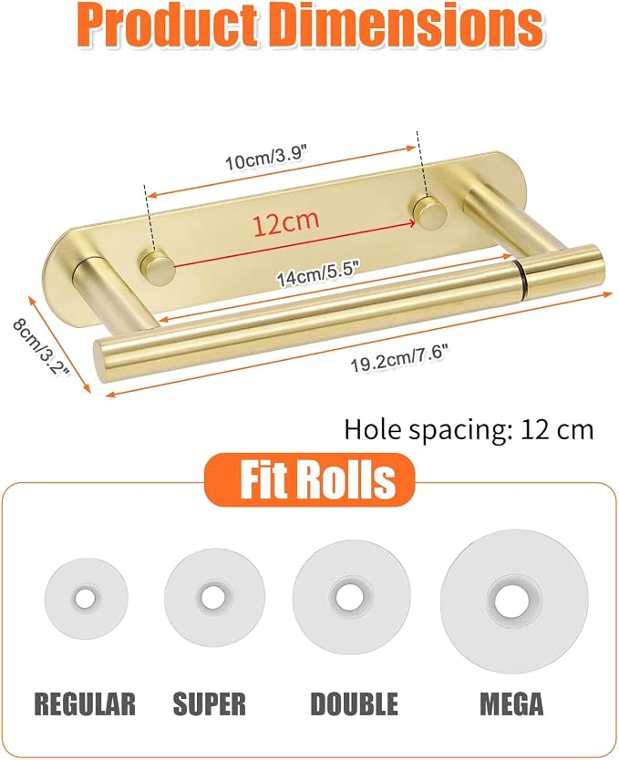 YUET Toilet Roll Holder, Self Adhesive or Screw in Wall Mounted Options, Double Post Pivoting Tissue Roll Holder, Stainless Steel Rustproof Stick On No Drilling Wall Mount for Bathroom, Brushed Gold