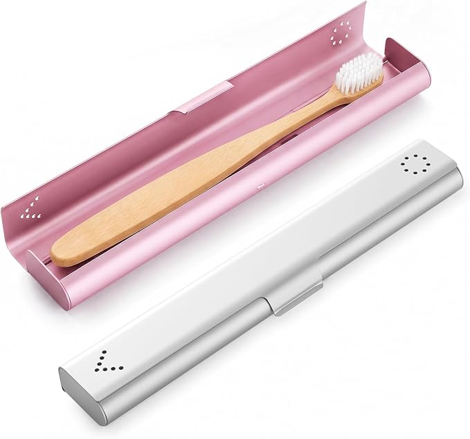 2 Pack Toothbrush Travel Case Aluminum, Portable Toothbrush Holders Travel, Manual Toothbrush Case Container for Traveling, Bathroom, Camping, Business Trip(Silver, Pink)