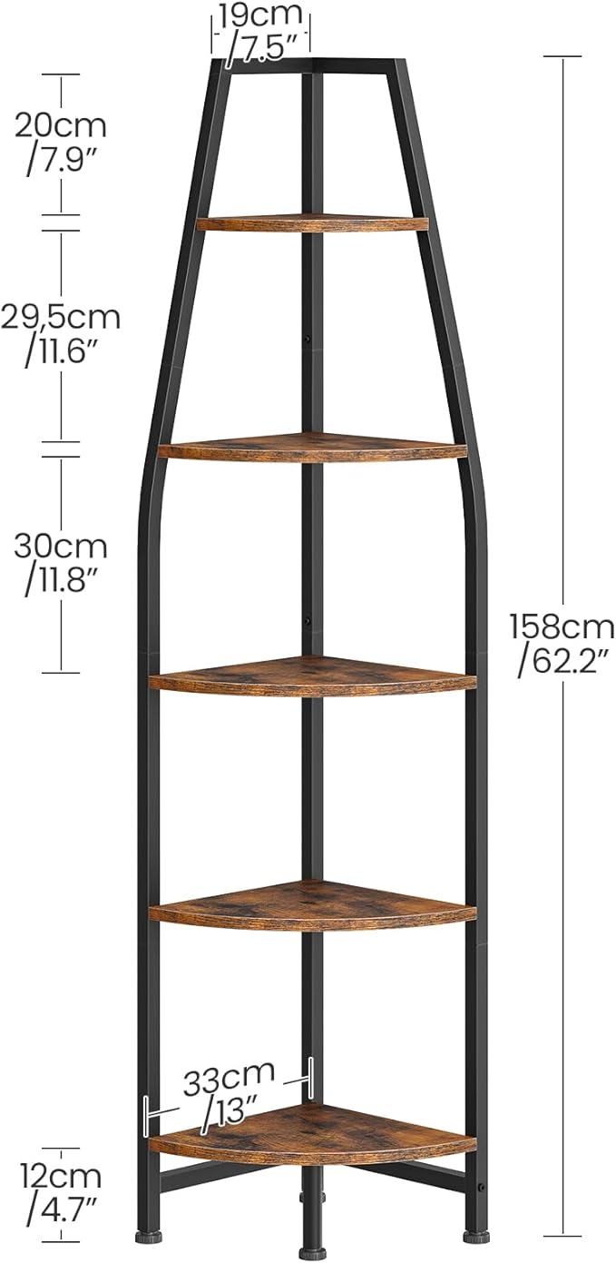 Corner Shelf with Lights, Corner Bookshelf with Metal Frame, 5-Tier Tall Ladder Shelf, Storage Rack for Home Office, Bedroom, Living Room, Rustic Brown and Black TCJ71DBF