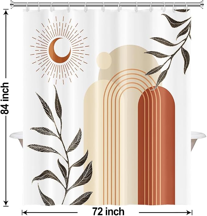 Boho Moon Shower Curtain with Hooks for Bathroom 72x84 Inch | Waterproof Abstract Terracotta and Beige Shower Curtain Set, Mid Century Bathroom Decor