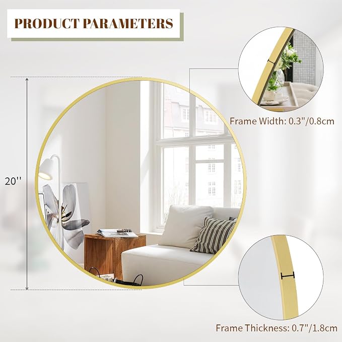 BEAUTYPEAK 20 Inch Round Mirror, Metal Frame Circle Mirror, Gold | Wall Mounted for Entryway, Bathroom, Vanity, Living Room