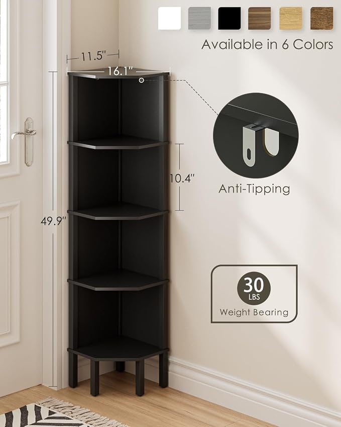Corner Shelf, 5 Tier Corner Bookshelf, Display Corner Shelf Stand with Storage Rack, Wall Corner Bookshelf for Living Room, Bedroom, Office, Black