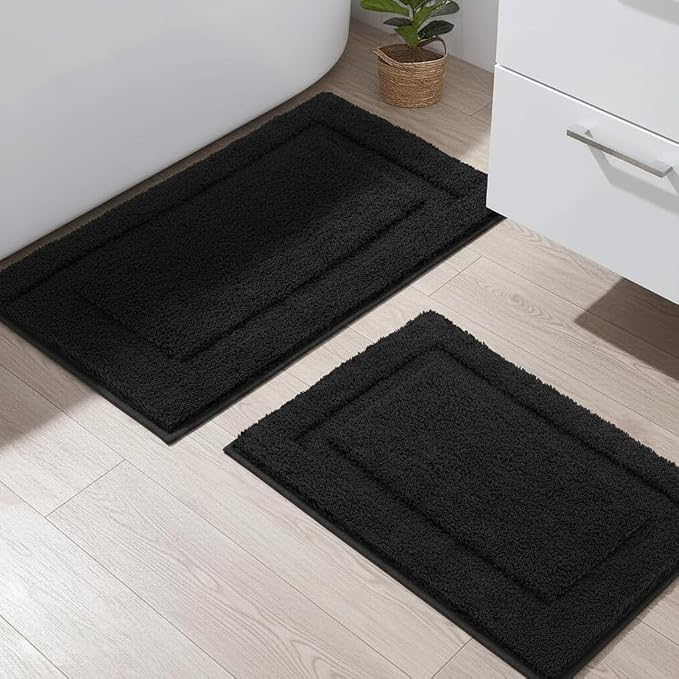 SHACOS Soft Microfiber Bathroom Rugs Set of 2 Pieces, Black | 32x20 + 24x16, Absorbent Plush Bath Rugs, Non Slip Washable Shaggy Bath Mats, Fluffy Bathroom Runner Floor Mats Shower Rug