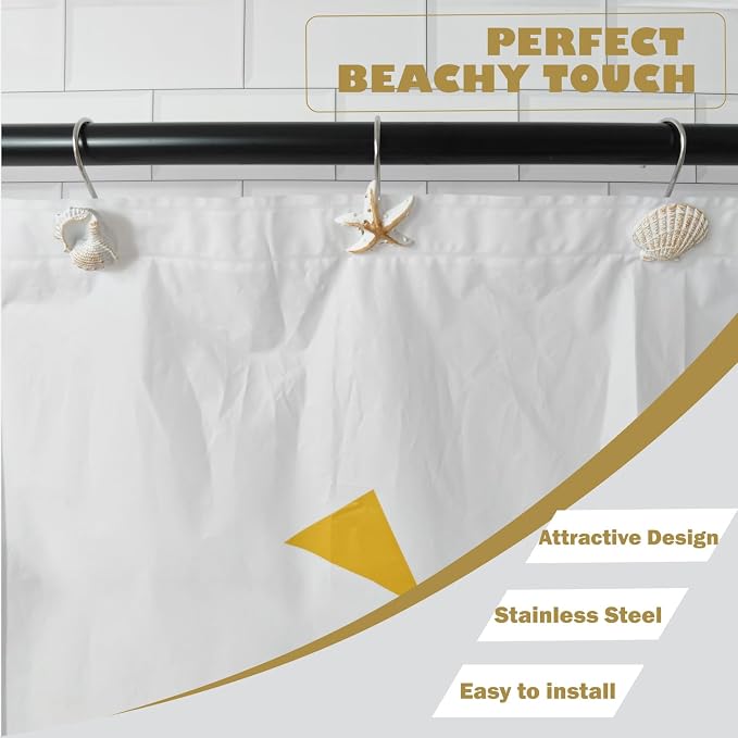 Seashell Shower Curtain Hooks 12pcs Beach Shower Curtain Rings Bath Shower Hooks Rust Proof Curtain Hangers Coastal Bathroom Accessories Decors