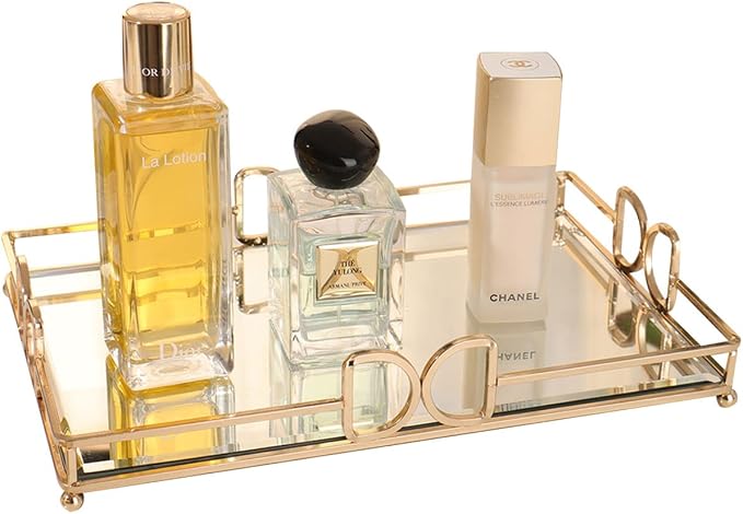 Gold Mirror Vanity Tray for Perfume, 11.7x7.9 Non-Slip Glass Dresser Tray, Elegant Decorative Organizer for Bathroom Countertops, Skincare & Makeup Display, Rust-Proof