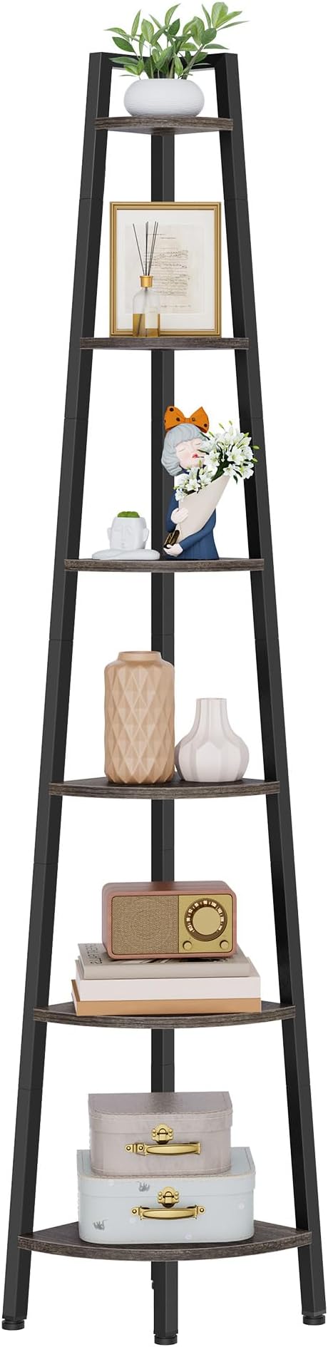 Hoctieon Corner Shelf, 6-Tier Corner Bookshelf, Rustic Ladder Shelf, Industrial Display Stand for Living Room, Kitchen, Home Office, Balcony, Small Space, Metal Frame, Grey