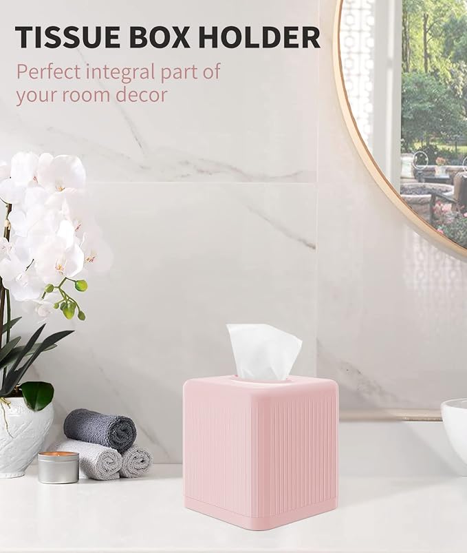 Livelab Tissue Box Cover with Base - Square Plastic Holder, Decorative Case, Modern Facial Paper Dispenser for Bathroom, Vanity Countertops, Night Stands, Desk - Pink