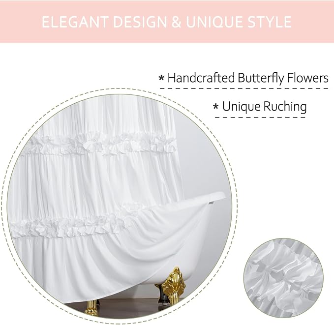 Fabric Shower Curtain 2 Pack, 72" W x 96" L x 2 Panels | Double Panels for Easy Access, Soft Brushed Texture, Elegant Ruffle Design, Hotel-Style Bathroom Décor, White (LQ-44)