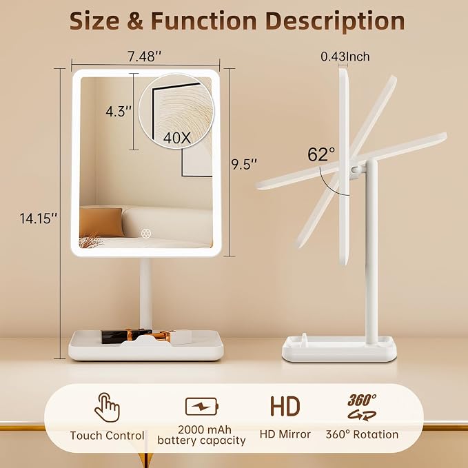 FUNTOUCH 4000mAh Rechargeable Vanity Mirror with Lights 40X Magnifier,White | 3-Color Lighting Makeup Mirror with Lights & 84 LED,360°Rotation Touch Dimmable Lighted Makeup Mirror for Bedroom Tabletop