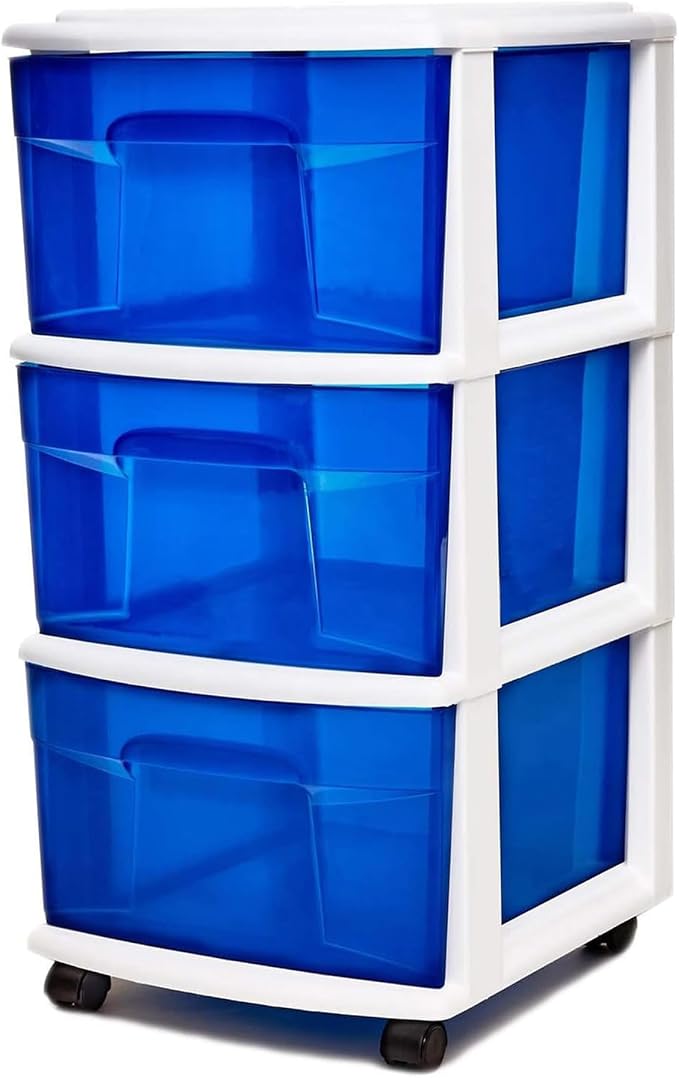 HOMZ Drawer Tower, 3-Tier Storage Cart with Removable Wheels, White Frame | Wide Plastic Organizer with Clear Bin Drawers for Bedroom, Bathroom, Home Office, and Dorm Rooms